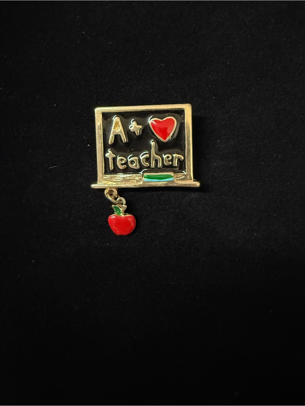 Vintage A+ Teacher Brooch Pin Gold Tone Enamel Chalkboard Dangle Apple Charm VTG